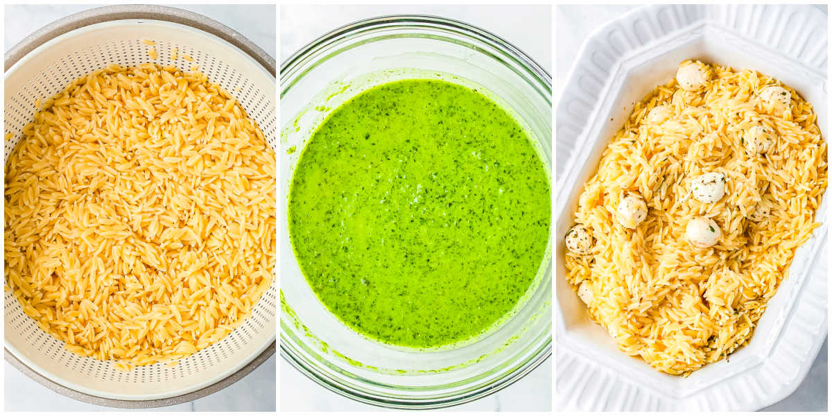 A side-by-side collage showing cooked orzo draining in a colander, green goddess dressing mixed with pesto in a glass bowl, and orzo tossed with mozzarella pearls in a white serving dish.