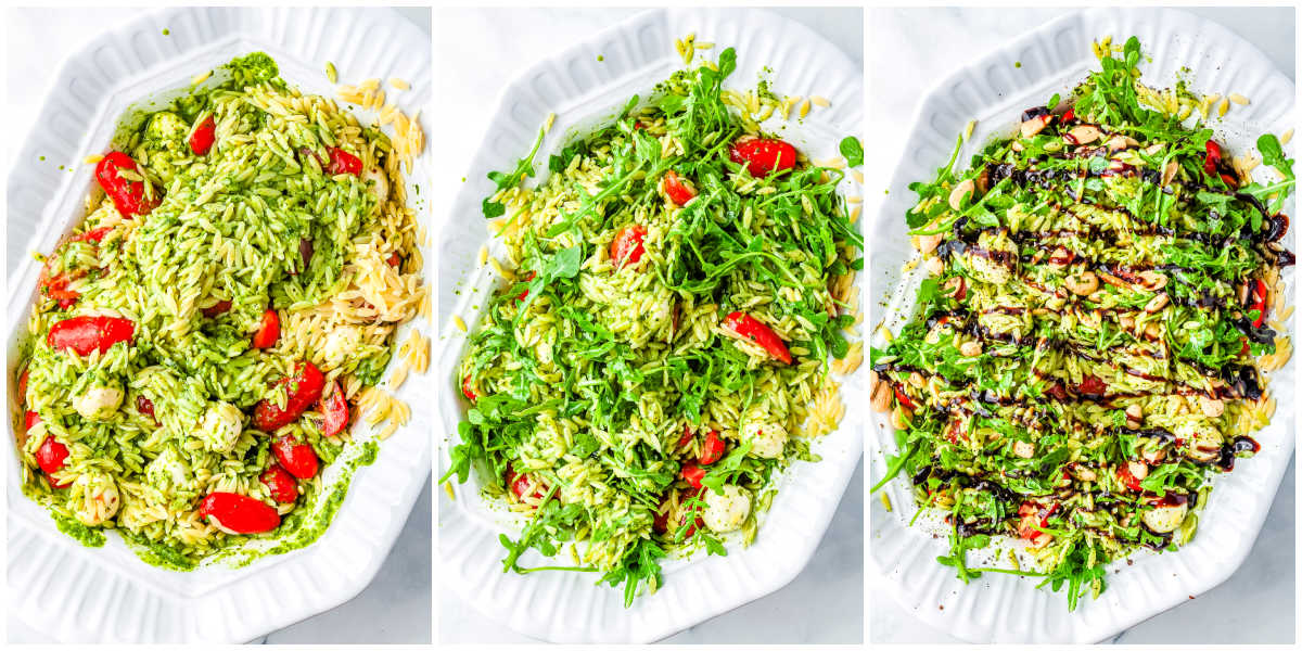 A side-by-side collage showing orzo salad mixed with cherry tomatoes and green dressing, topped with fresh baby arugula, and finished with Marcona almonds and a balsamic glaze drizzle in a white dish.