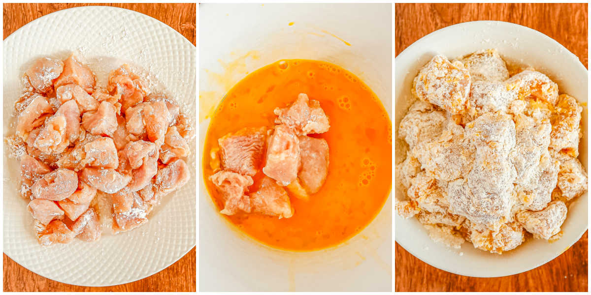 A side-by-side collage showing raw chicken pieces coated in cornstarch and dipped in beaten egg. A third panel shows the chicken dredged in all-purpose flour.