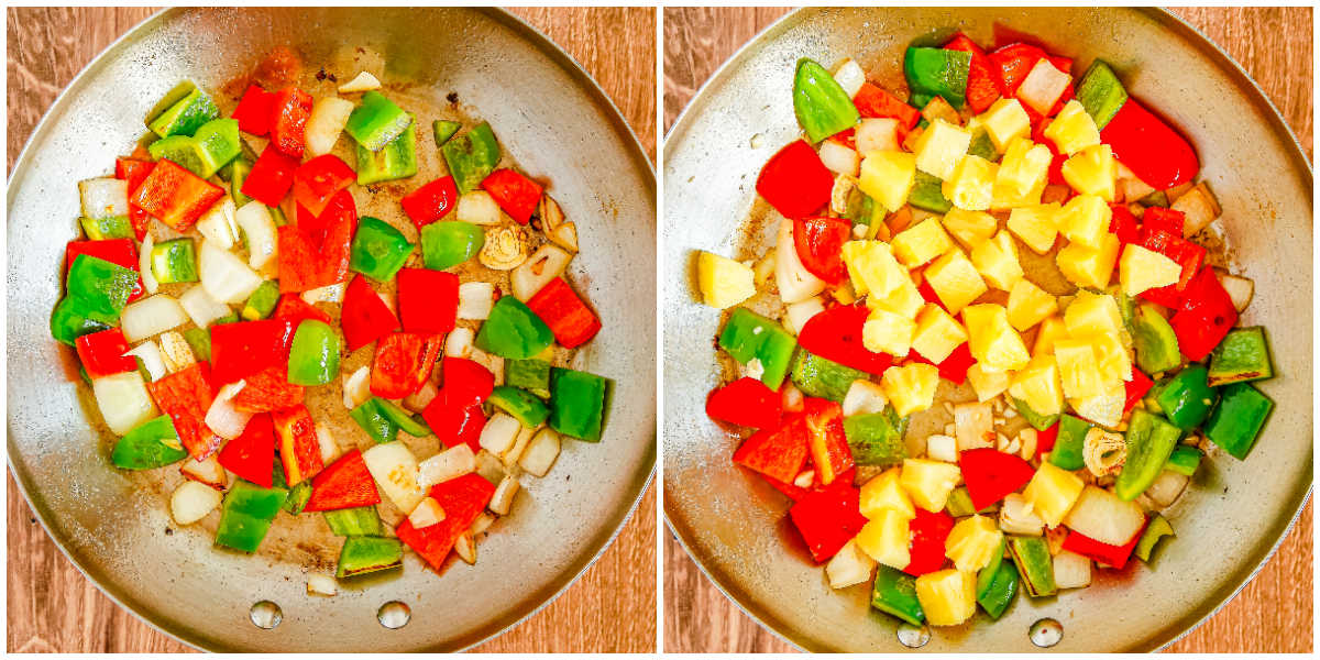 A side-by-side collage showing diced red and green bell peppers cooking with onions in a skillet. The second panel shows pineapple chunks added to the cooked vegetables.