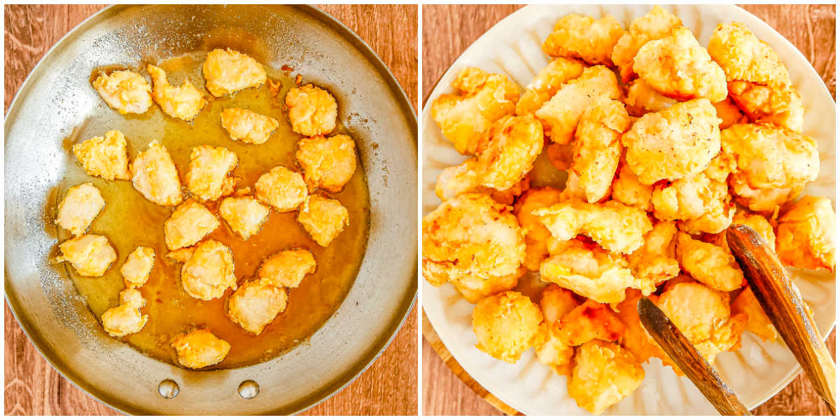 A side-by-side collage showing coated chicken pieces frying in hot oil inside a metal skillet. The second panel shows the cooked chicken resting on a white plate lined with paper towels.