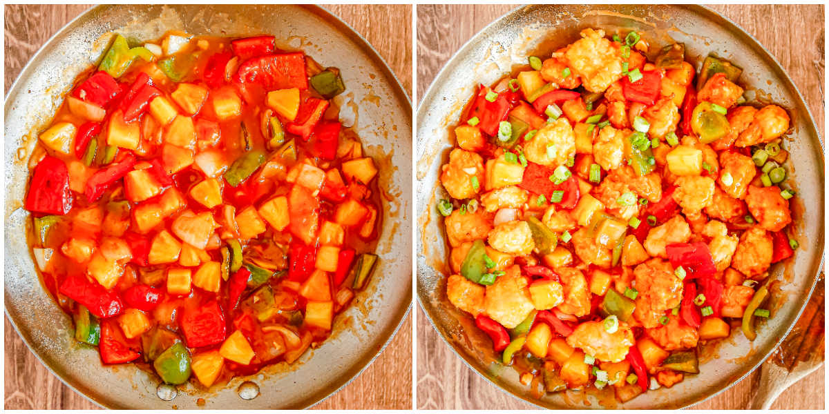 A side-by-side collage showing red sweet and sour sauce simmering with vegetables in a metal pan. The second panel shows fried chicken tossed in the sauce and garnished with green onions.