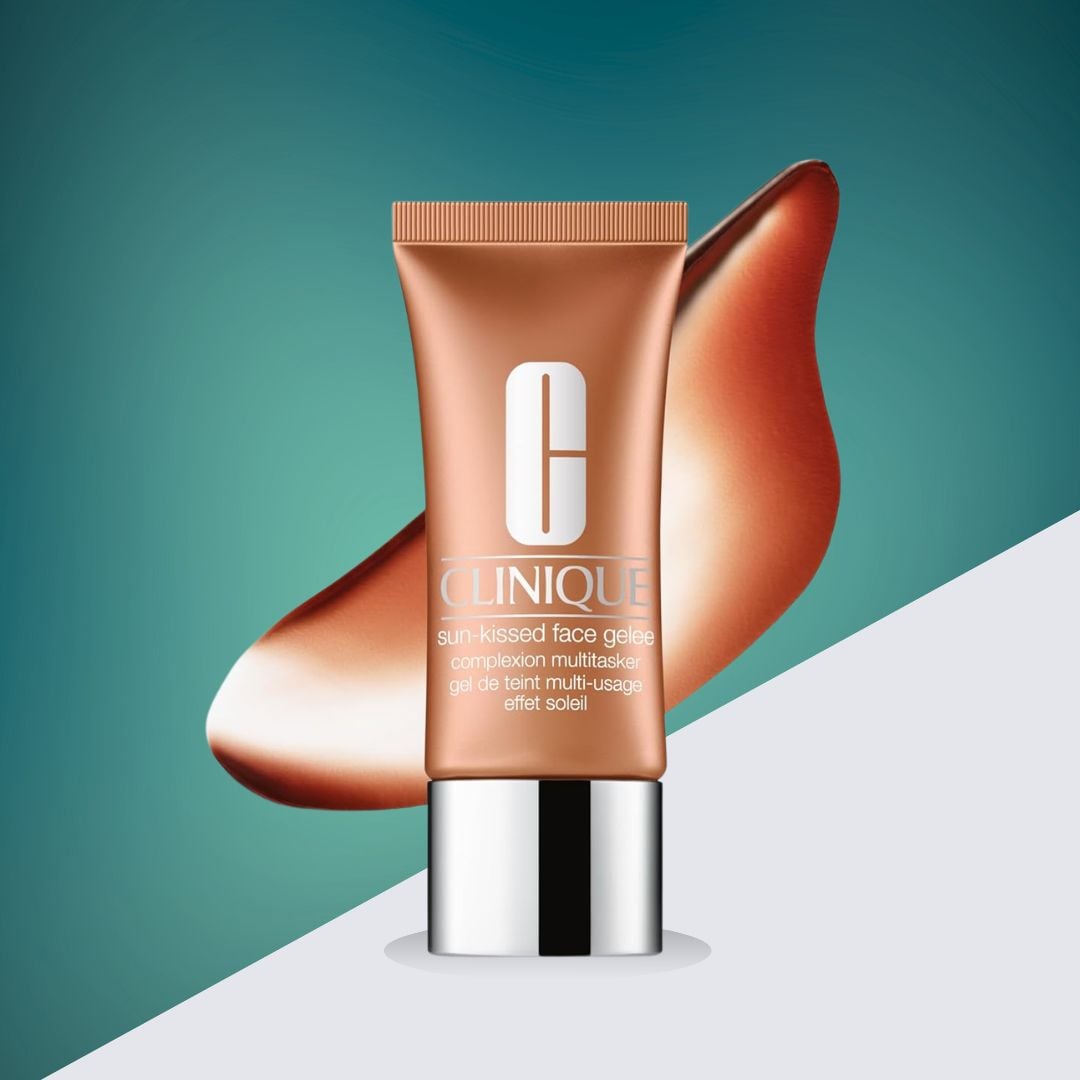 A tube of Clinique sun-kissed face gelee next to a swatch of the bronzing gel.