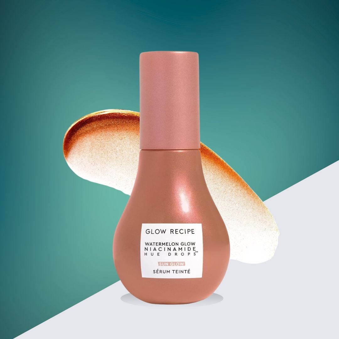 A bottle of Glow Recipe Watermelon Glow Niacinamide Hue Drops next to a swatch of the tinted serum.
