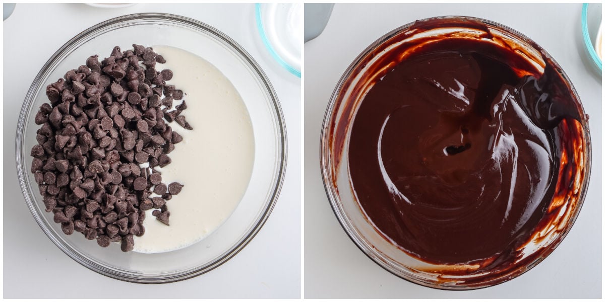 A side-by-side collage showing semisweet chocolate chips and heavy cream resting in a clear glass bowl, and the same ingredients partially melted and swirled together.