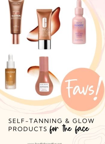 A Pinterest graphic showing a collage of five different self-tanning and glow products for the face.