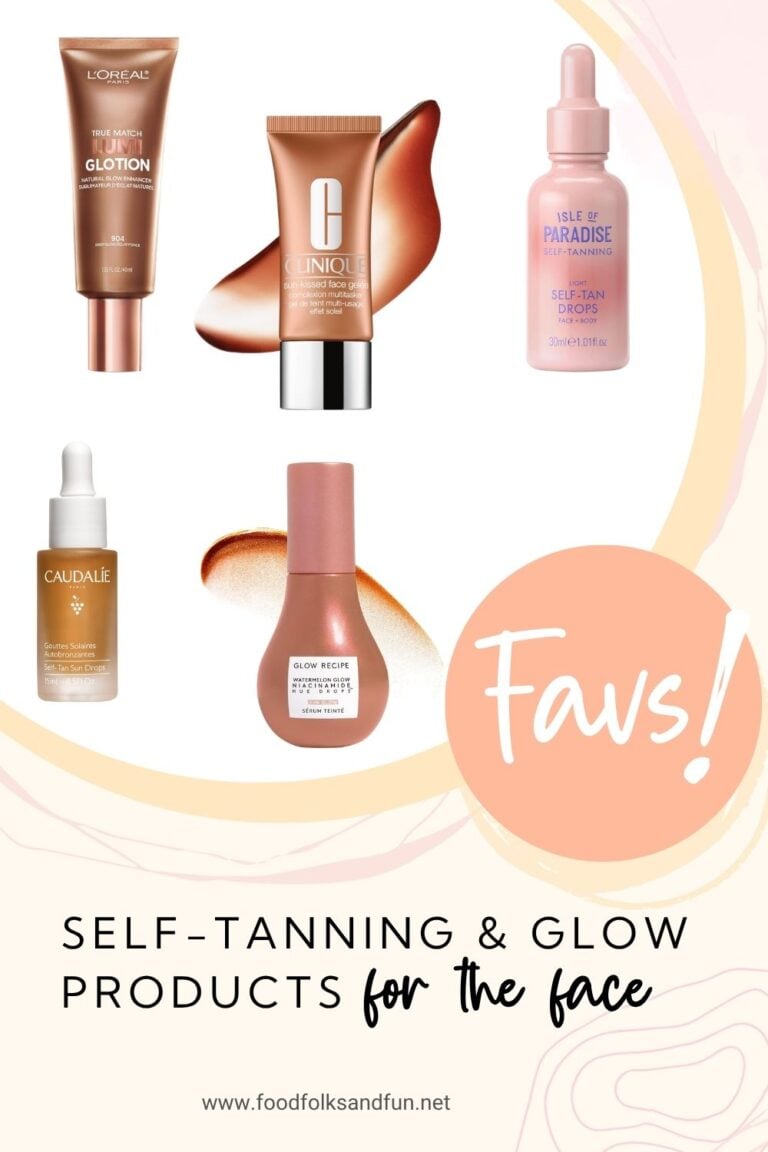A Pinterest graphic showing a collage of five different self-tanning and glow products for the face.