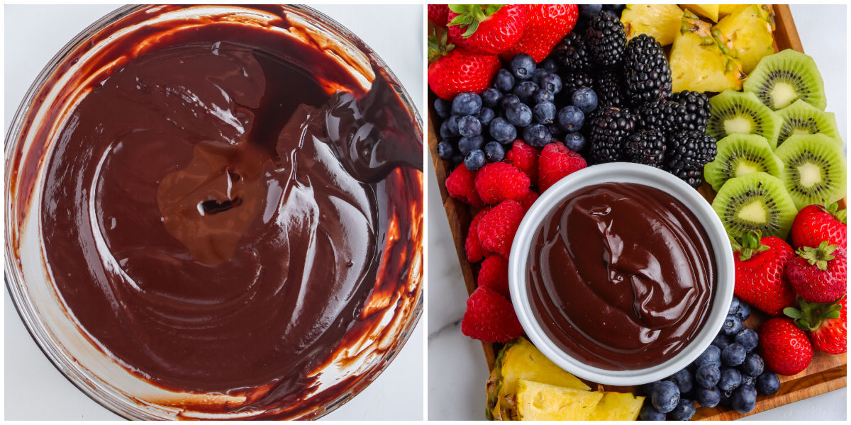 A side-by-side collage showing a rubber spatula stirring completely smooth, glossy melted chocolate in a glass bowl, and the finished chocolate dip served in a white bowl on a wooden board surrounded by assorted fresh fruit.